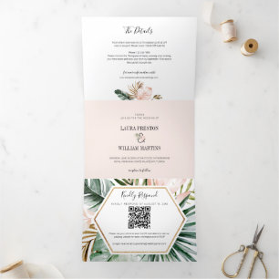 Convite Com Dobra Tripla Foto de Detalhes do Código QR RSVP de Casamento de