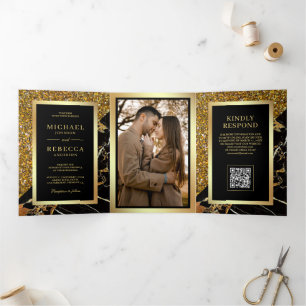 Convite Com Dobra Tripla Foto de Mármore Ouro Preto Código QR Casamento