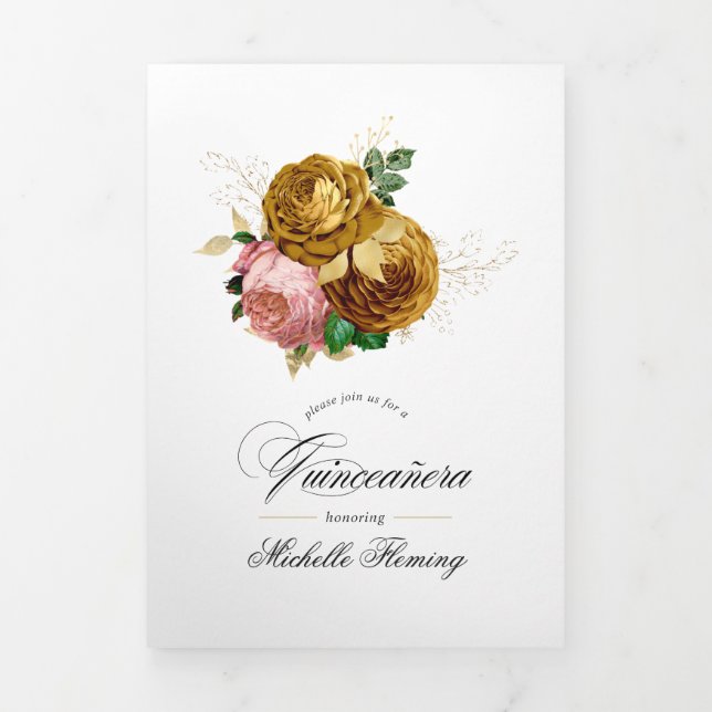 Convite Com Dobra Tripla Foto de Quinceañera Floral Rosa Antigo e Dourado (Cobrir)