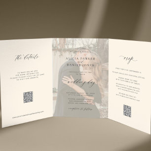 Convite Com Dobra Tripla Foto do casamento do marfim preto RSVP detalhes QR