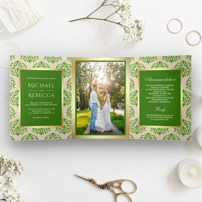 Convite Com Dobra Tripla Foto do Casamento tema damasco Verde Faux Gold Foi (Criador carregado)