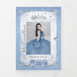 Convite Com Dobra Tripla Foto Elegante, Espanhol, Bebê Azul, Quinceanera