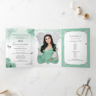 Convite Com Dobra Tripla Foto Elegante Silver e Seafoam Green Quinceañera