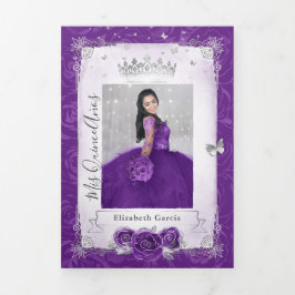 Convite Com Dobra Tripla Foto: Espanhol Roxo e Silver Quinceanera