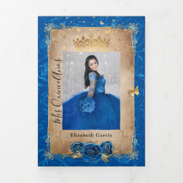 Convite Com Dobra Tripla Foto Espanhola Rosa Azul Dourada Quinceanera