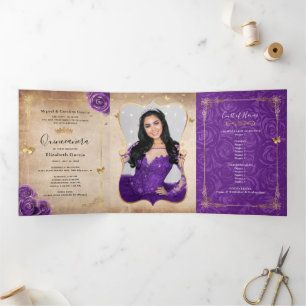Convite Com Dobra Tripla Foto Espanhola Rosa Roxo Quinceanera Dourada