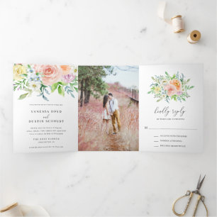 Convite Com Dobra Tripla Foto Floral Peach Watercolor Casamento Spring
