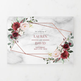 Convite Com Dobra Tripla Foto Geométrica Burgundy do Cobre Marble