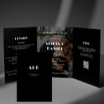 Convite Com Dobra Tripla Foto moderna - preto e branco - detalhes do rsvp c<br><div class="desc">Retrô elegante, tipografia ousada, barato de orçamento transparente de camada de fotos, tudo em um convite de casamento preto de três vezes com RSVP on-line e detalhes de convidados incluídos. Fácil de personalizar com suas informações e uma ou duas fotos de noivado em ambos os lados. O convite é adequado...</div>