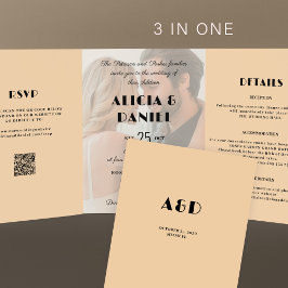 Convite Com Dobra Tripla Foto moderna rsvp detalhes QR creme casamento pret