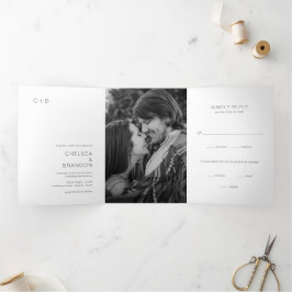 Convite Com Dobra Tripla Foto Monograma Cinza Casamento Moderno