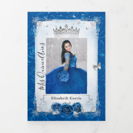 Convite Com Dobra Tripla Foto: prata espanhola Royal Blue Quinceanera