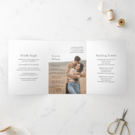 Convite Com Dobra Tripla Foto Preto e Branco Elegante Casamento Moderno