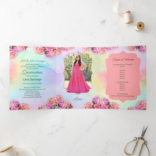 Convite Com Dobra Tripla Foto: Rosas Rosa Espanholas Rainbow Quinceanera (Dentro)