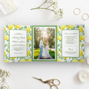 Convite Com Dobra Tripla Fotografia de casamento com limoeiro verde elegant