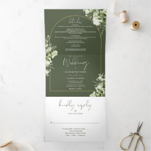 Convite Com Dobra Tripla Fotos de casamento com arco dourado e verde oliva