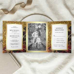 Convite Com Dobra Tripla Fotos de Casamento com Mármore Vermelho e Brilho D