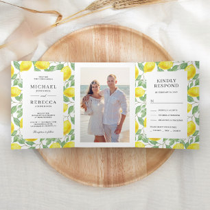 Convite Com Dobra Tripla Fotos de casamento com verdejante pomar de limão m