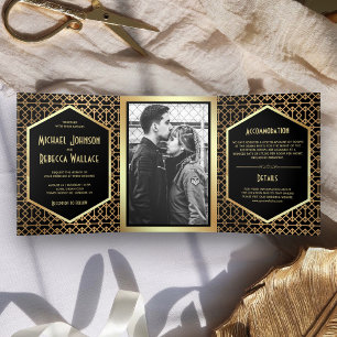 Convite Com Dobra Tripla Fotos de Casamento em Estilo Art Déco Geométrico V