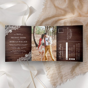 Convite Com Dobra Tripla Fotos de Casamento em Madeira Rústica de Celeiro c