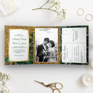 Convite Com Dobra Tripla Fotos de Casamento em Mármore Verde Esmeralda com 