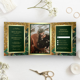 Convite Com Dobra Tripla Fotos de Casamento em Mármore Verde Esmeralda com