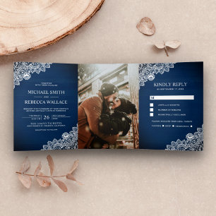 Convite Com Dobra Tripla Fotos de casamento rústico country azul marinho co
