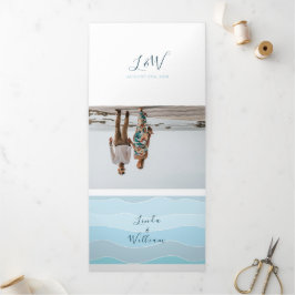 Convite Com Dobra Tripla Fotos de Praia Casamento Azul