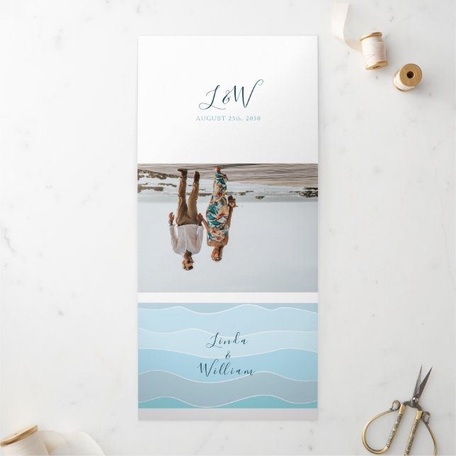 Convite Com Dobra Tripla Fotos de Praia Casamento Azul (Fora)
