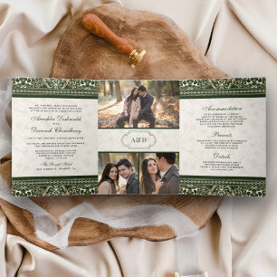 Convite Com Dobra Tripla Fronteira Verde Marfim Tudo em Um Casamento Indian