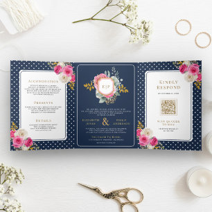 Convite Com Dobra Tripla Fuchsia Rosa Floral Tudo em Um Crest Navy Casament
