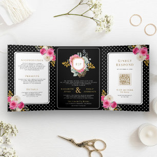 Convite Com Dobra Tripla Fuchsia Rosa Floral Tudo em Um Crest Preto Casamen