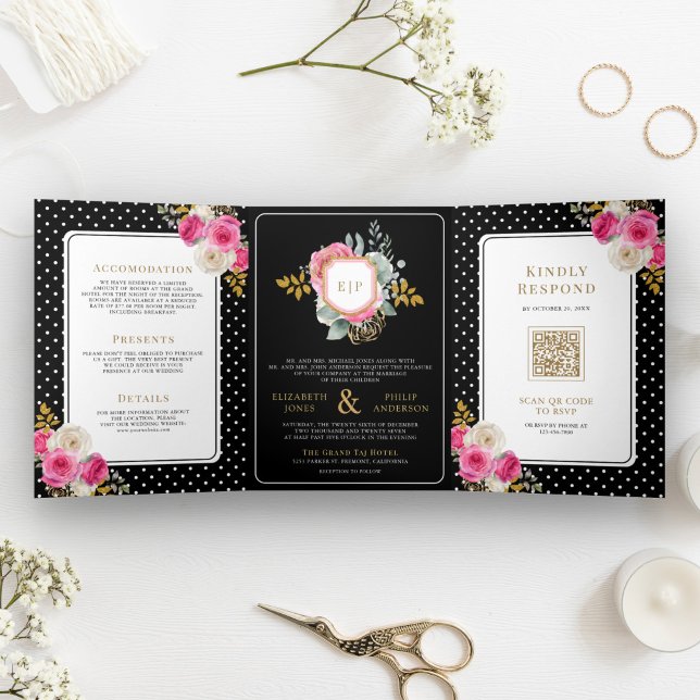 Convite Com Dobra Tripla Fuchsia Rosa Floral Tudo em Um Crest Preto Casamen (Criador carregado)