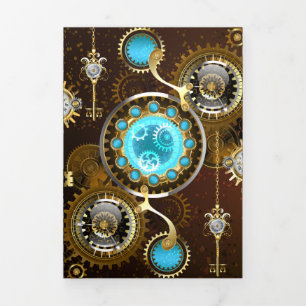 Convite Com Dobra Tripla Fundo enferrujado Steampunk com lentes turquesa