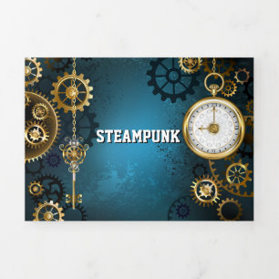 Convite Com Dobra Tripla Fundo turquesa Steampun com Engrenagens