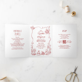 Convite Com Dobra Tripla Funky Whimsical Doodles Modern Red Wedding Photo