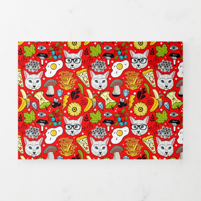 Convite Com Dobra Tripla Gato e ovo em vermelho (Cobrir)