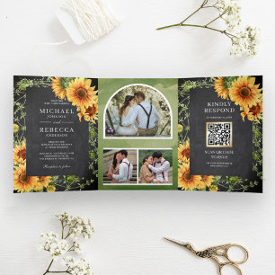 Convite Com Dobra Tripla Girassóis de Lousa Foto Arco Código QR Casamento