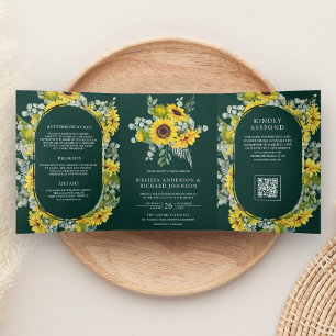 Convite Com Dobra Tripla Girassóis Eucalipto Código QR Casamento Esmeralda