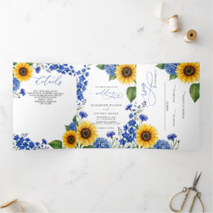 Convite Com Dobra Tripla Girassóis Florais Azul Real Casamento Moderno