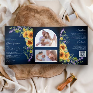 Convite Com Dobra Tripla Girassóis Lavanda Azul Marinho Código QR Casamento
