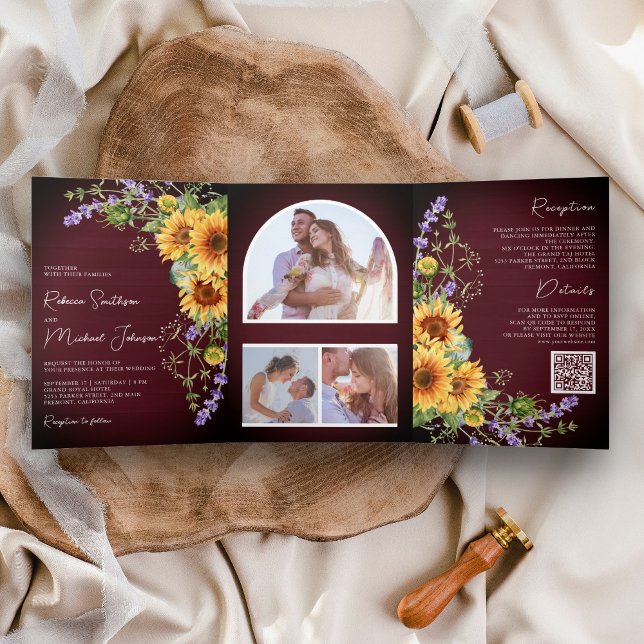 Convite Com Dobra Tripla Girassóis Lavanda Borgonha Código QR Casamento (Criador carregado)