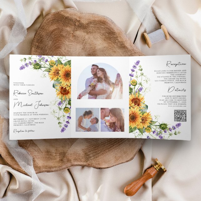 Convite Com Dobra Tripla Girassóis Lavanda Tudo em Um Código QR Casamento (Criador carregado)