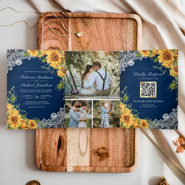 Convite Com Dobra Tripla Girassóis Rústicos Casamento Código QR Madeira Azu (Criador carregado)