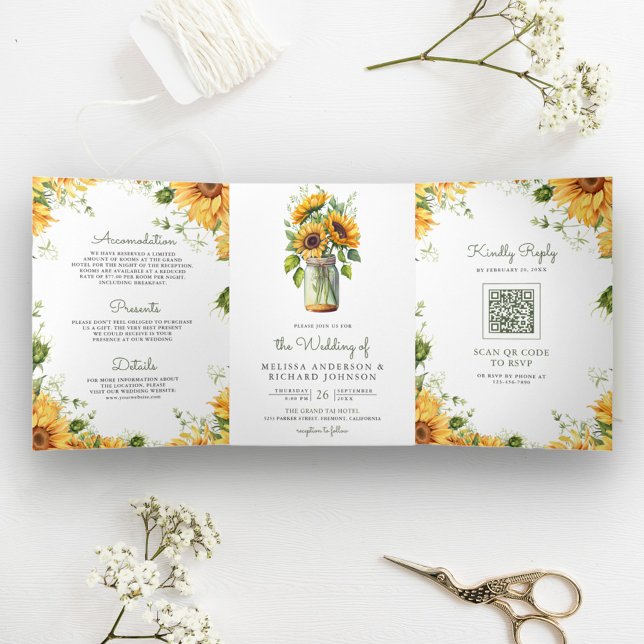 Convite Com Dobra Tripla Girassóis Rústicos Código QR de Casamento em Pote  (Criador carregado)