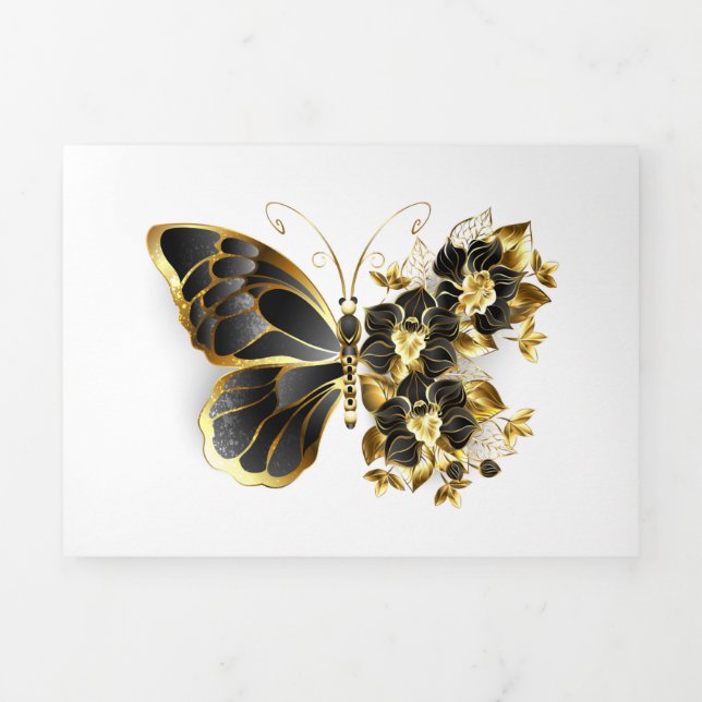 Convite Com Dobra Tripla Gold Flower Butterfly with Black Orchid (Cobrir)