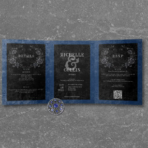 Convite Com Dobra Tripla Gótico Corvo Preto & Rosas Negras Casamento Azul