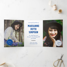 Convite Com Dobra Tripla Graduação de 5 Fotos em Círculos Azuis