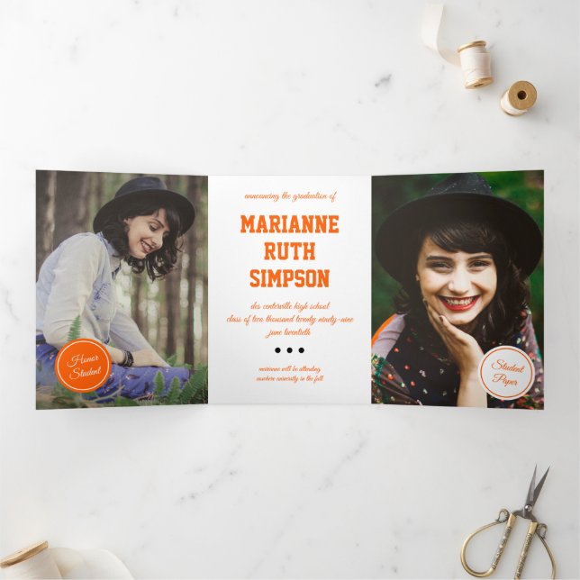 Convite Com Dobra Tripla Graduação de 5 Fotos em Círculos Laranja (Dentro)