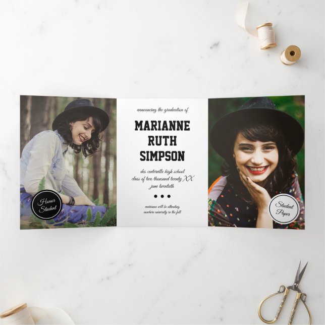 Convite Com Dobra Tripla Graduação de 5 Fotos em Círculos Pretos (Dentro)